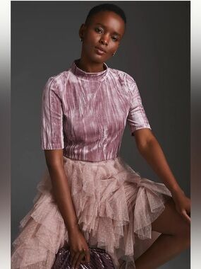 Pilcro Rose-Mauve Velveteen Mock Neck Short-Sleeve Top